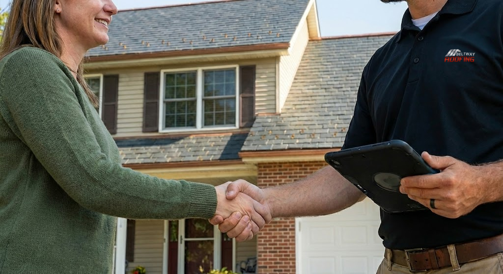 Homeowner and contractor sealing roofing deal with a handshake
