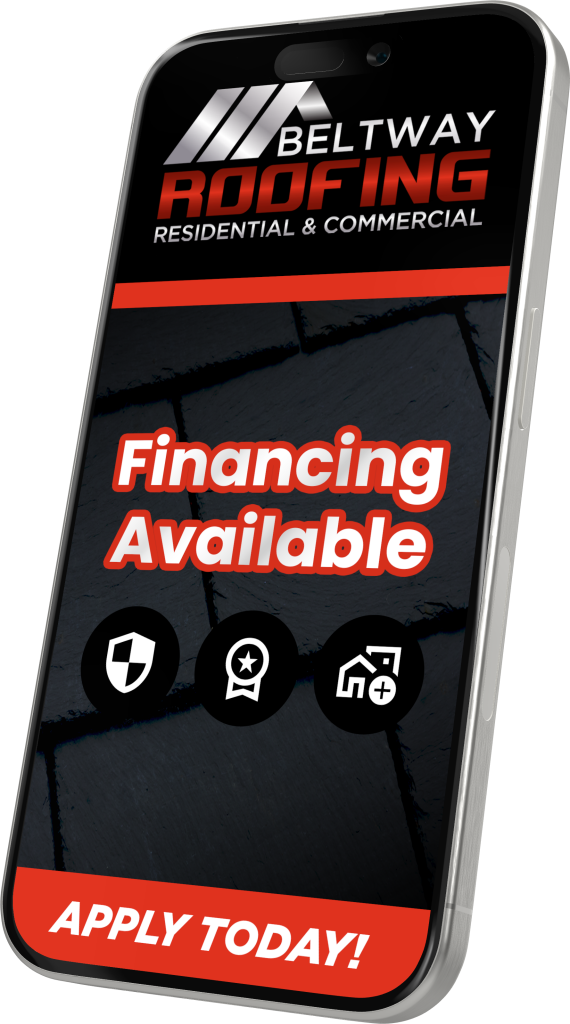 Smartphone displaying Beltway Roofing financing available ad.