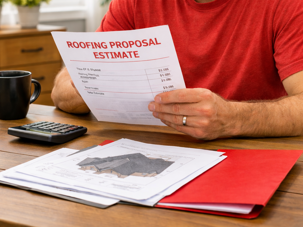 Person reviewing roofing proposal estimate at a wooden desk.