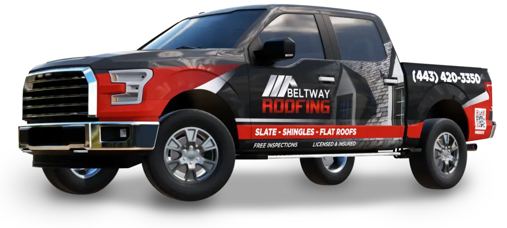 Roofing company truck with bold branding and contact information