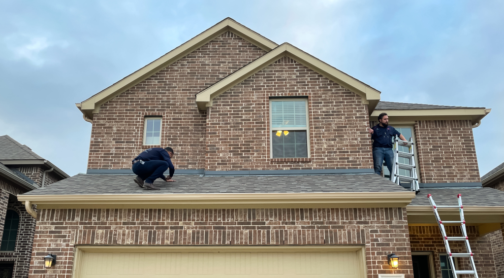 Two men inspecting the roof of a two-story brick house using ladders