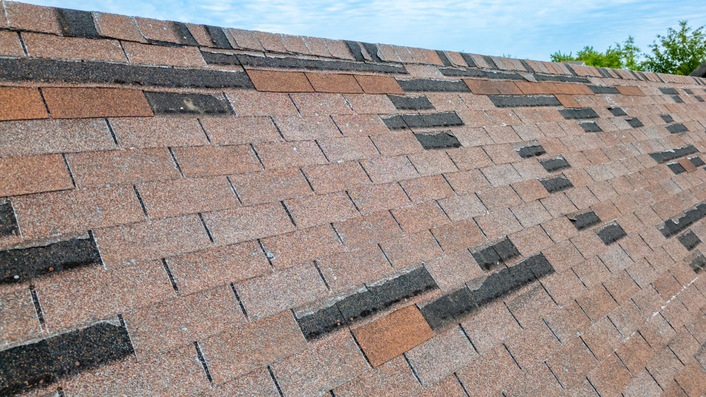 Close-up of asphalt shingle roofing with visible wear and tear.