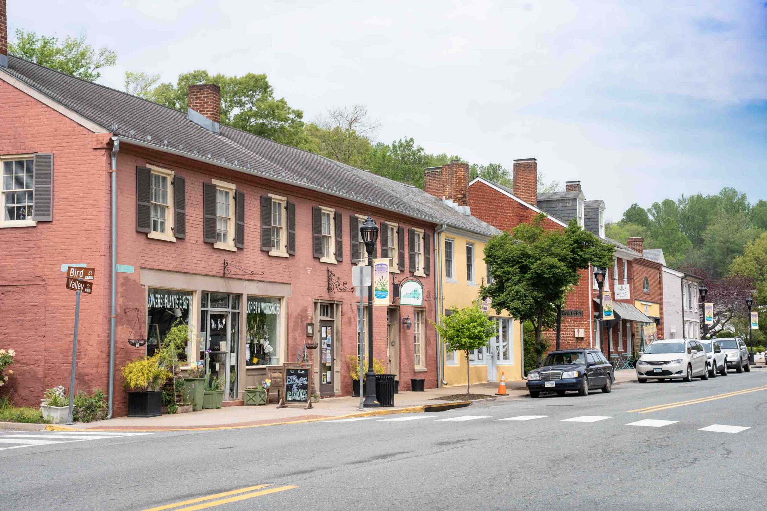 Charming small-town street with colorful shopfronts