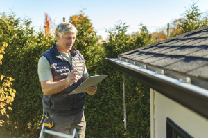 Home inspector examining roof and gutters with clipboard