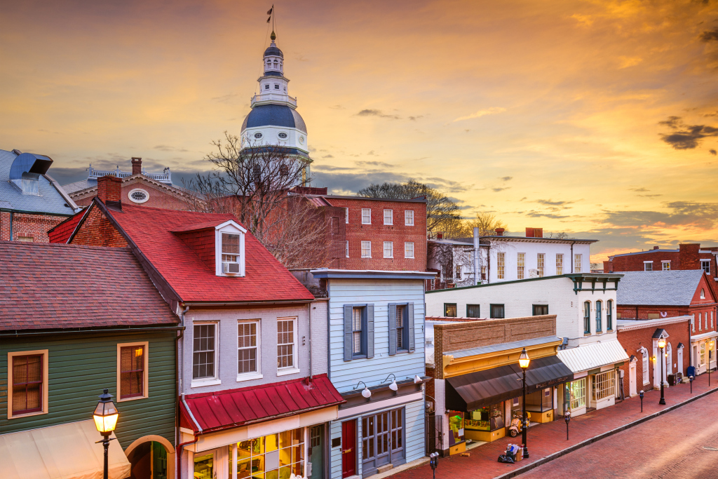 Annapolis historic district with State House at sunset.