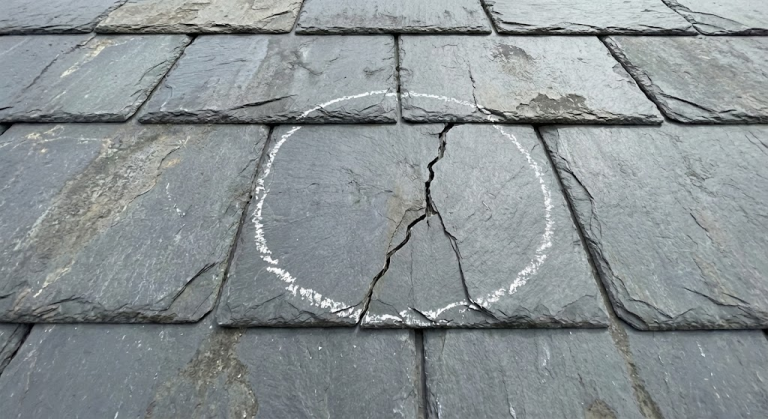 Cracked roof tile marked with white circle on a slate roof